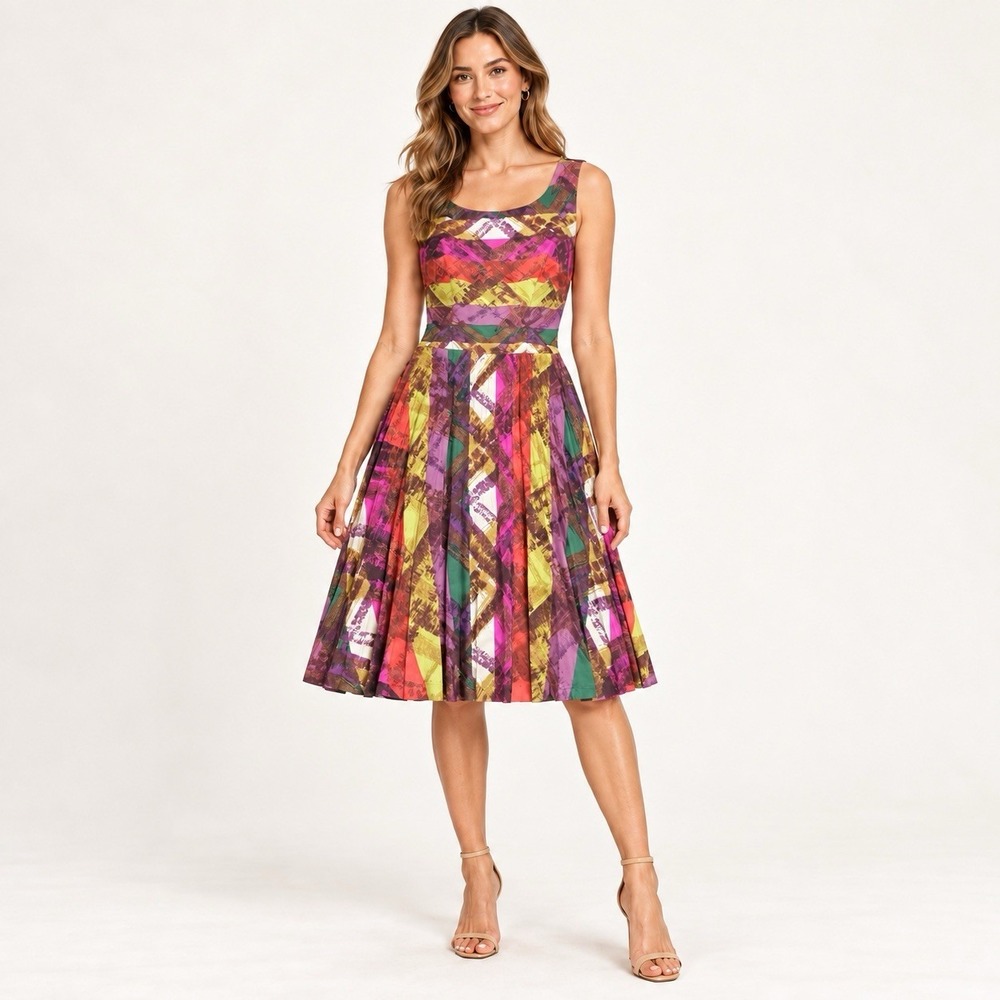 Trina Turk Women's Size 4 100% Silk Abstract Print Sleeveless Pleated Dress